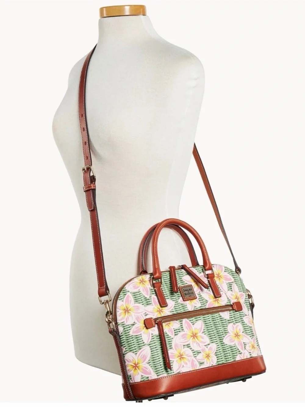 Dooney domed zip satchel plumeria floral basket weave pattern